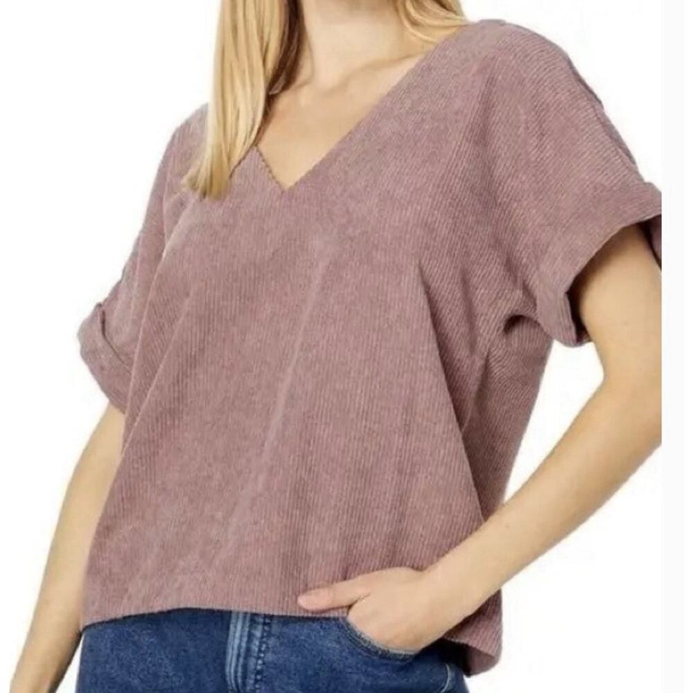 Madewell Shirt Womens Med Lavender Corduroy V-Neck Back Buttons Short Sleeve Top